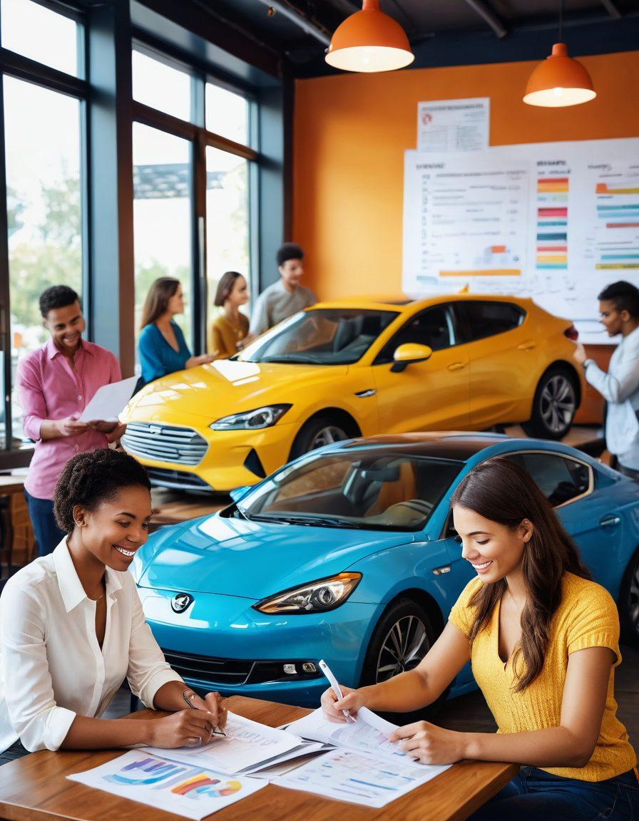 A visually engaging scene featuring a diverse group of happy people reviewing documents at a cozy café, surrounded by colorful charts and graphs about affordable car insurance options. In the background, a sleek car is parked, symbolizing protection and savings, under a bright blue sky. Include elements like calculators and tablets to emphasize financial planning. The overall mood should be optimistic and informative. super-realistic. vibrant colors. warm lighting.