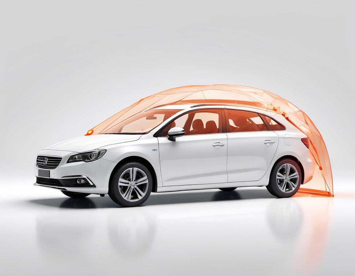 An elegant scene of a car shielded by a glowing protective barrier, with symbols of various insurance policies floating around in the background. Include a diverse group of people discussing and strategizing, showcasing a friendly and informative atmosphere. Bright colors and modern aesthetics to signify innovation and security. super-realistic. vibrant colors. white background.