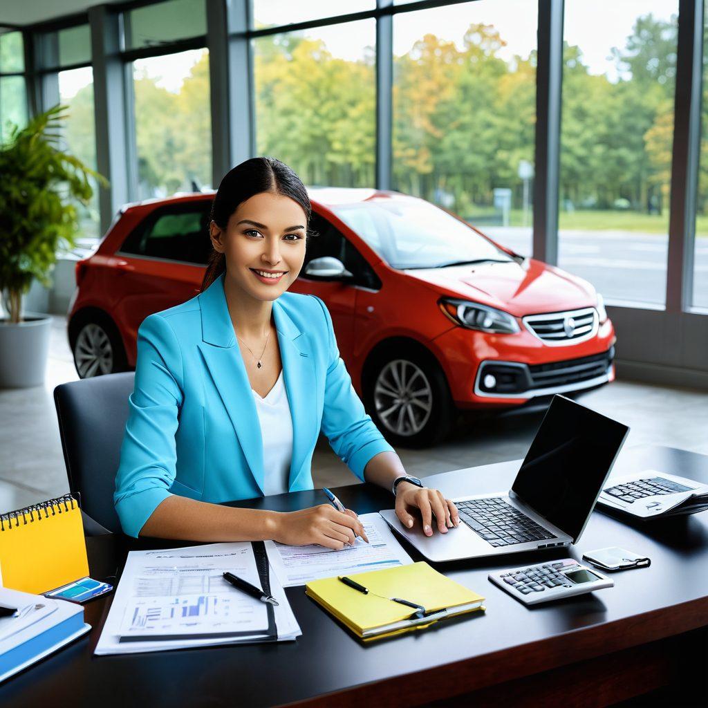 A smartly dressed car owner sitting at a desk, surrounded by a laptop displaying insurance policy comparisons, a calculator, and notepads filled with tips, alongside a sleek modern car parked outside a large window. The atmosphere is bright and inviting, symbolizing empowerment and knowledge. Illustrate a blend of technology and traditional elements, showcasing a vibrant color palette. 3D. vibrant colors.